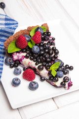 Delicious tart with blueberries and raspberries