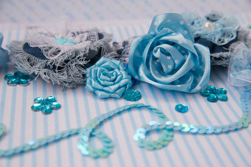 textile flowers and rhinestones