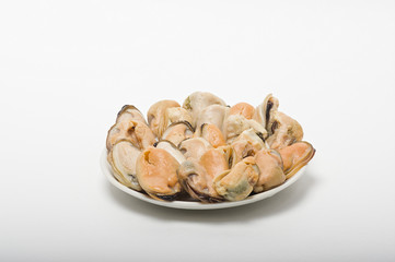 Marine mussels on a white saucer