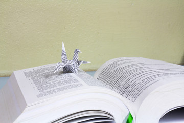 Bird folded white paper In book