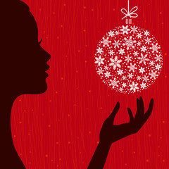 Christmas Eve background. Profile Silhouette of Pretty Young Wom