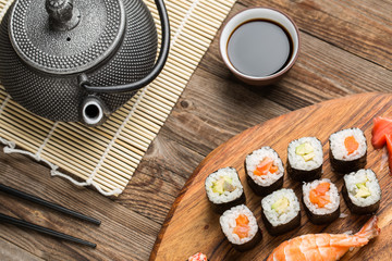 Japanese traditional cuisine, shrimp sushi and assorted rolls