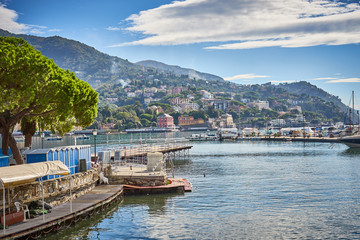Fototapeta na wymiar Harbor and city of Santa Margherita Ligure in Italy / Travel Location at mediterranean sea 