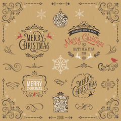 Kraft paper ornate Christmas typography design set. Include flourishes, ornaments, gift box, snowflakes and bird.