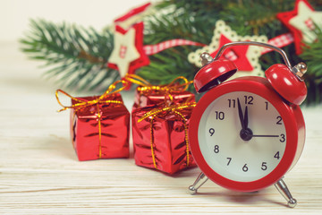 Christmas fir tree with decoration wooden background