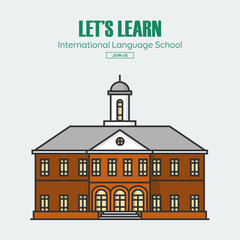 Modern public or private academy or university building, flat school building in big city. Education concept. Study place. Background for back to school poster, card, banner. Vector illustration.