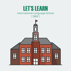 Modern public or private academy or university building, flat school building in big city. Education concept. Study place. Background for back to school poster, card, banner. Vector illustration.