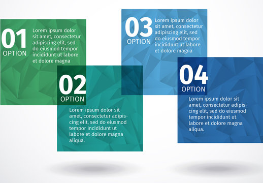 Overlapping Green and Blue Squares with Polygon Pattern Infographic