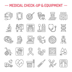 Fototapeta premium Vector thin line icon of medical equipment, research. Medical check-up, test elements - MRI, xray, glucometer, blood pressure, laboratory. Linear pictogram with editable stroke for clinic, hospital.