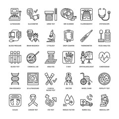 Vector thin line icon of medical equipment, research. Medical check-up, test elements - MRI, xray, glucometer, blood pressure, laboratory. Linear pictogram with editable stroke for clinic, hospital.