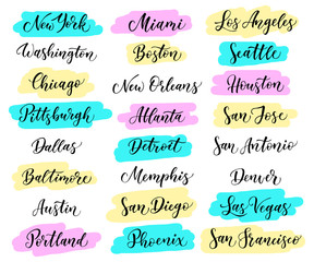 USA city lettering. New York, Miami, Boston, Dallas, Washington, Atlanta, Chicago, Detroit, Baltimore Los Angeles, Las Vegas, Seattle, San Francisco, Houston, San Diego, Jose, Antonio, Austin, Denver