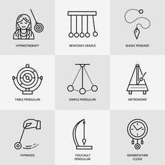 Vector line icon of pendulum types. Newton cradle, metronome, table pendulum, perpetuum mobile, gyroscope. Linear pictogram  for site, brochure of hypnosis, hypnotherapy. Pendulum logo.