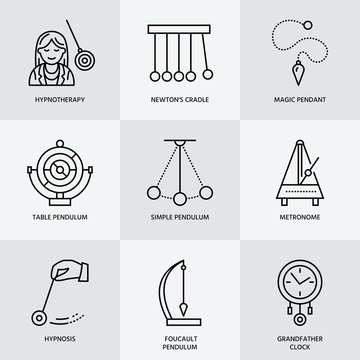Vector line icon of pendulum types. Newton cradle, metronome, table pendulum, perpetuum mobile, gyroscope. Linear pictogram  for site, brochure of hypnosis, hypnotherapy. Pendulum logo.