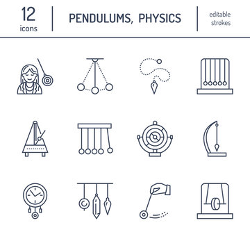 Vector line icon of pendulum types. Newton cradle, metronome, table pendulum, perpetuum mobile, gyroscope. Linear pictogram editable stroke for site, brochure of hypnosis, hypnotherapy. Pendulum logo.