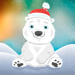 Cute cartoon polar bear cub in Christmas hat