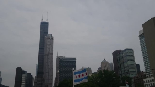 Chicago, Illinois - July, 2016 - Willis Tower and high rises buildings viewed from a boat.