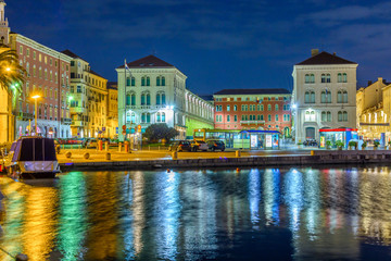 Obraz premium Coastal town Split night. / Night waterfront view at coastal town Split, popular touristic destination in Europe, Croatia.