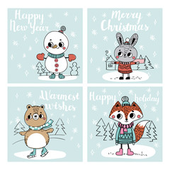 Funny Christmas personages. Christmas characters animals. Collection with Christmas cards