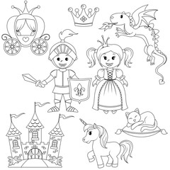 Fairytale princess, knight, castle, carriage, unicorn, crown, dragon, cat and butterfly. Black and white vector illustration for coloring book