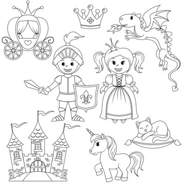 Fairytale princess, knight, castle, carriage, unicorn, crown, dragon, cat and butterfly. Black and white vector illustration for coloring book