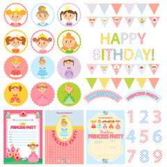 Princess Birthday Party.  Сollection of beautiful princesses. Set of pretty lady. Vector illustration. Party Package

