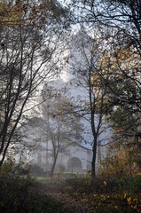 autumn fog trees temple