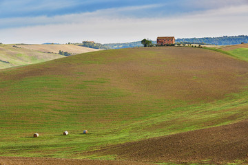 Fototapeta na wymiar Scenic view of Tuscan fields and hills with fog