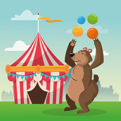 striped tent and bear icon. Carnival festival fair circus and celebration theme. Colorful design. Vector illustration