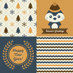 Set of Christmas Patterns and posters - Collection of 2 Xmas themed retro seamless patterns and 2 Xmas themed posters, one reads Season's Greetings and the other one Happy New Year.