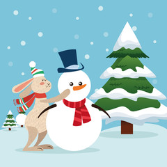 Rabbit and snowman cartoon  icon. Christmas season card decoration and celebration theme. Colorful design. Vector illustration