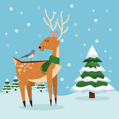 Fototapeta na wymiar Reindeer and bird cartoon icon. Christmas season card decoration and celebration theme. Colorful design. Vector illustration