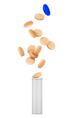 vitamins or pills fly out of the bottle on white background