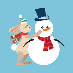 Rabbit and snowman cartoon  icon. Christmas season card decoration and celebration theme. Colorful design. Vector illustration