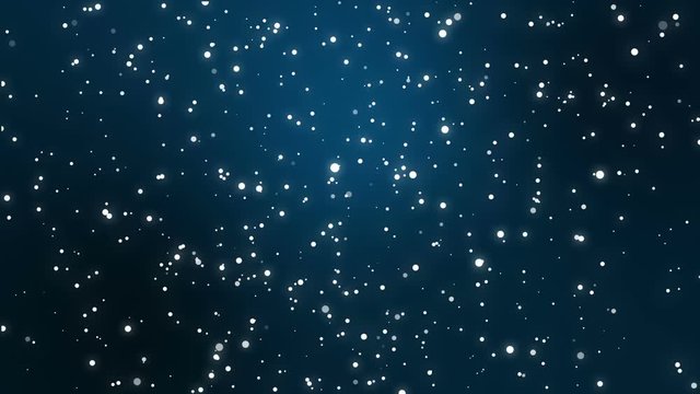 Sparkly white light dot particles moving across a changing blue black teal gradient background imitating night sky full of stars.