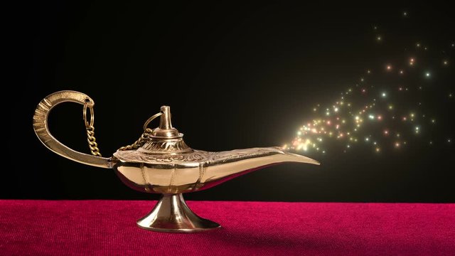 A sparkly, enchanted entity begins to mysteriously appear from a magic lamp spout complemented by fairylike audio. .