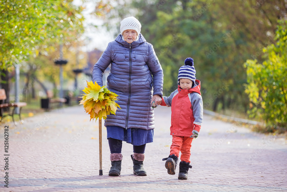 Wall mural Senior woman and her great grandson on walk in autumn park 