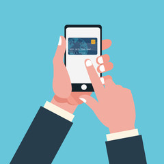 Smartphone and credit card icon. shopping payment money commerce theme. Colorful design. Vector illustration