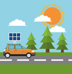 Solar panel pine tree and car icon. Ecology renewable innovation and alternative theme. Vector illustration