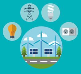 Wind mill solar panel bulb energy tower and plug icon. Ecology renewable innovation and alternative theme. Vector illustration