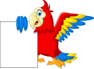 Fototapeta premium Macaw bird with blank cartoon sign for you design