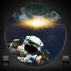 Human exploration of alien planet as seen from a window of a spaceship. 