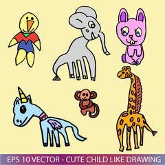 Cute child's hand drawn animals who are happy.