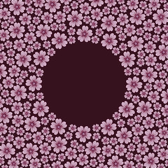 Delicate cute pattern circle border frame with repeating spring cherry flowers. Space for invitations or different promotional and greeting cards text. Vector illustration 
