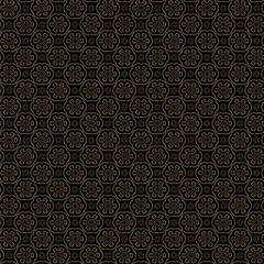 Rich delicate seamless background pattern with golden contour stylized flowers isolated on the black fond. Vector illustration eps