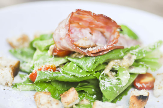 Caesar salad ,salad with cos lettuce and ham