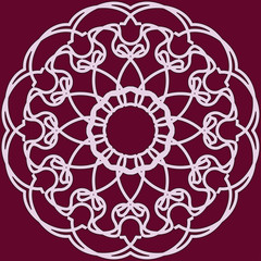 Circle background line delicate lace contour frame isolated on wine colour background. Space for text can be used for invitations, promotional poster or greeting cards. Vector illustration eps