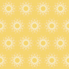 Cute funny background seamless pattern with many repeating stylized sunny  stars on the yellow fond. Vector illustration eps