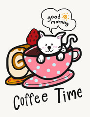 Cute white cat in coffee cup cartoon illustration