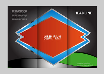 Template design of red trifold brochure with stripes and circles. Editable and light vector with places for photos. Proportionally A4
