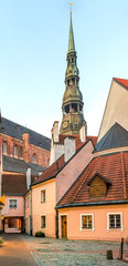 Fototapeta premium Medieval yard in old Riga - the capital of Latvia and and a major commercial, historical and tourist center in Baltic region